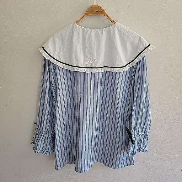 Damson Madder Barbara Steifen Pajama Top 14 Blue Green Stripe Organic Cotton - Picture 2 of 13